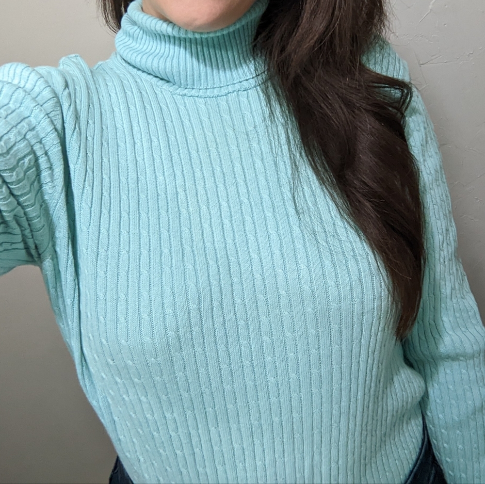 Gorgeous Vintage blue Cable Knit Turtleneck Sweater Med - Picture 5 of 5